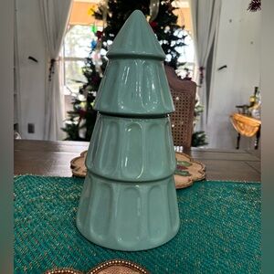 Sage green ceramic Christmas tree cookie jar